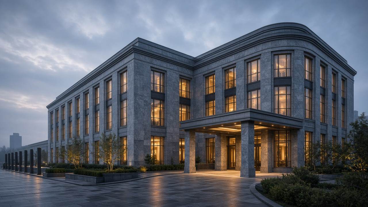 Elewacja kompleksu hotelowo-rozrywkowego Info World Guide o zmierzchu